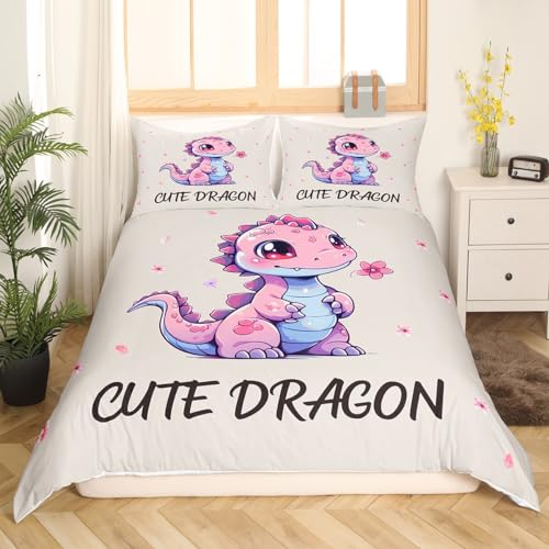 Cute Dragon Duvet Cover Set King Size Pink Kawaii Dragon Animal Bedding Set for Kids Teens Room Decor Falling Cherry Floral Comforter Cover Beige Brown Quilt Cover,2 Pillowcases(No Comforter)