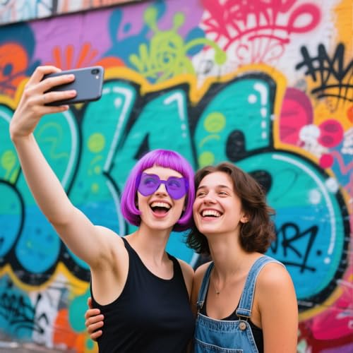 Image of PLULON Purple Bob Wig and Sunglass Set, Neon Funny Short Bob Wig Sunglass Pack Colorful Hairpieces Fancy Dress Cosplay Costume Accessories for Women Bachelorette Party Favors, Halloween Decorations