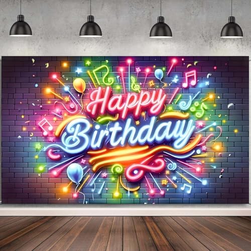 10X6.5FT Neon Happy Birthday Banner Backdrop Party Decorations Birthday Photo Backdrop Glow in The Dark Birthday Party Banner Music Sign Fireworks Brick Wall Photo Background Props ZHTAOYH ZH071 - image 1