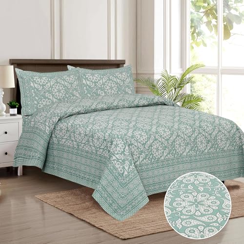 Image of King Size Cotton Bedsheet | 300 TC | 100% Cotton Flatsheet King Size with Two Pillow Covers | (254 * 274 cm, Emerald Bloom)