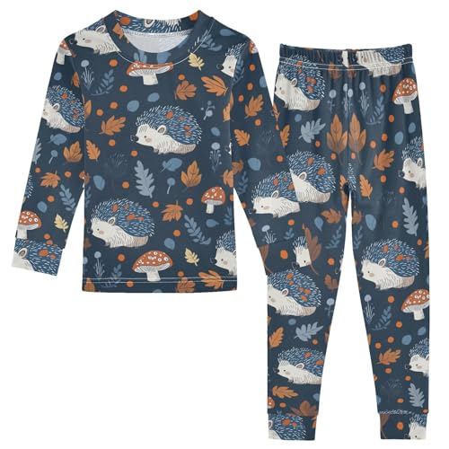 Fustylead Cute Hedgehog Fall Leaves Mushroom 2-Piece Cotton Pajama Set, Long Sleeve Top and Matching Bottom