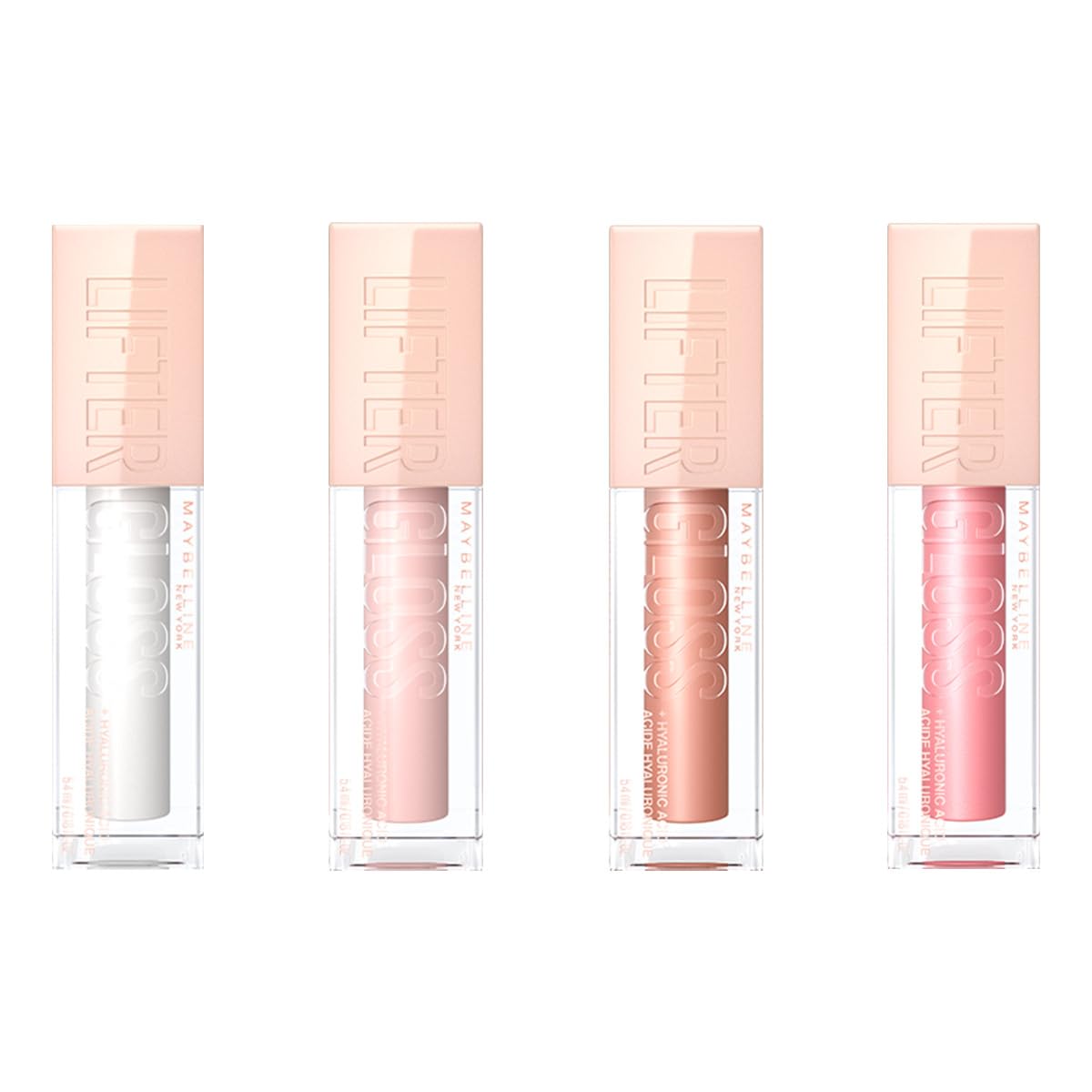 Maybelline Kit 4 Brillos Labiales Lifter Gloss, 5.4ml c/u, de Larga Duración, con Ácido Hialurónico, Brillo hidratante hasta por 4 horas, con aplicador XL para una aplicación uniforme