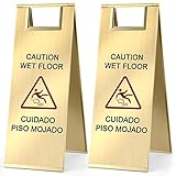 Kigley 2 Pcs Wet Floor Sign, 24 Inch Stainless Steel Caution Wet Floor Sign Double Sided Portable Foldable Bilingual Safety Warning for Hotel Market Restroom Restaurant Office (Gold)