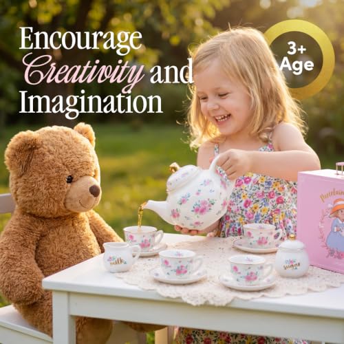 Image of Giggle & Honey White Floral Tea Party Set for Little Girls, Porcelain Kids Tea Set with Carry Case, Teapot Cups & Saucers, Princess Tea Time Birthday Gift for Girls Ages 3, 4, 5, 6, 7, 8