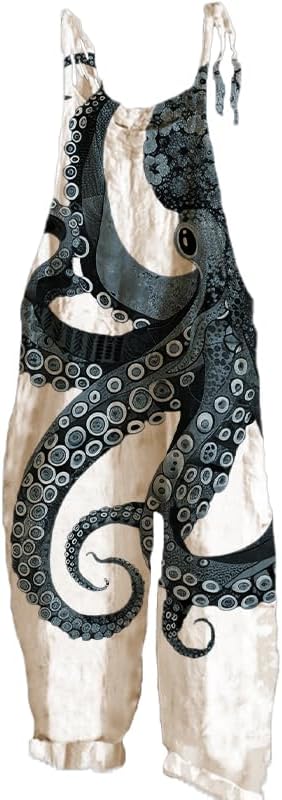 Trendy Japanese Art Jumpsuits for Women Spaghetti Strap Octopus Tentacle Pattern Printed Casual Romper Overalls