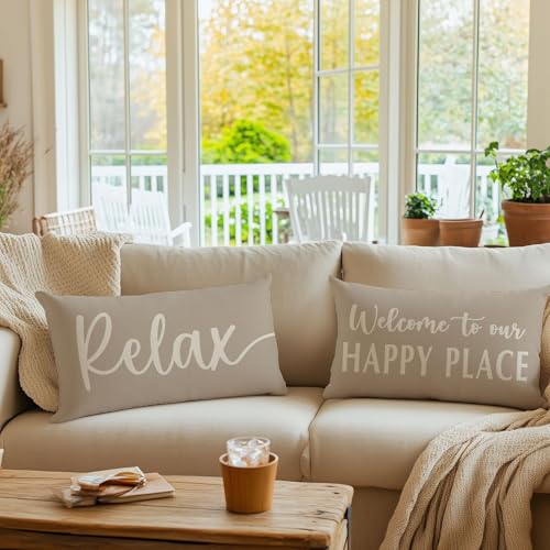 HERHOME Welcome to Our Happy Place Relax Decorative Throw Pillow Covers 12x20 Set of 2 Beige Outdoor Rustic Farmhouse Neutral Decor Cozy Lumbar Cushion Case Decoration for Home Sofa Couch Living Room by HERHOME - Used condition - Image 8
