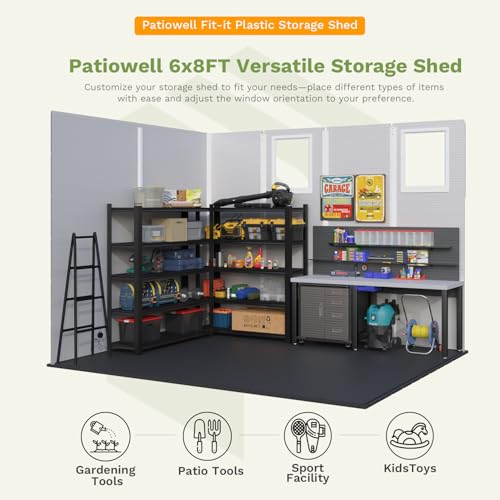 Image of Patiowell 6X8 FT Plastic Outdoor Storage Shed with Floor, Resin Tool Sheds with Lockable Door and Window, Weather-Resistant Garden Shed, Easy Assembly for Backyard, Patio, Light Gray