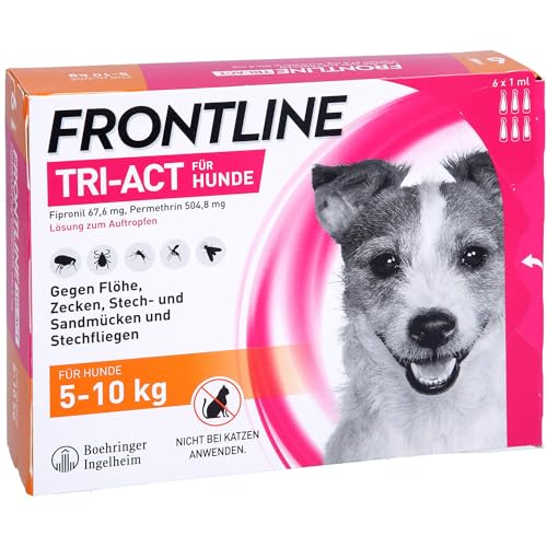 FRONTLINE TRI-ACT Hund S gegen Zecken, Flöhe & Mücken (kleine Hunde 5 bis 10 kg) - 6X Pipetten für bis zu 6 Monate Schutz - wasserfest - perfekt auf Reisen