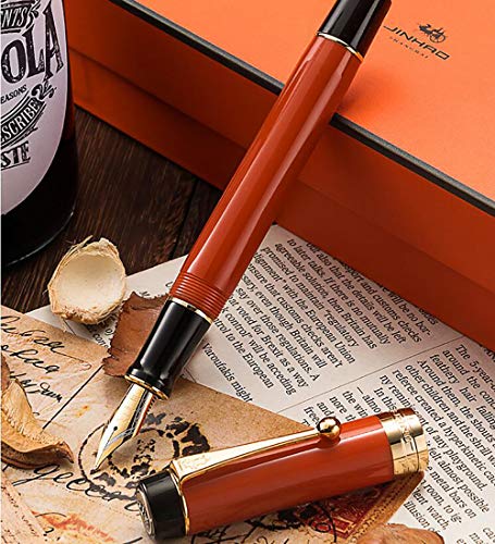 Jinhao Classic Fountain Pen Orange Red Celluloid, Medium Nib With Conveter And Pen Case Set #TOP1