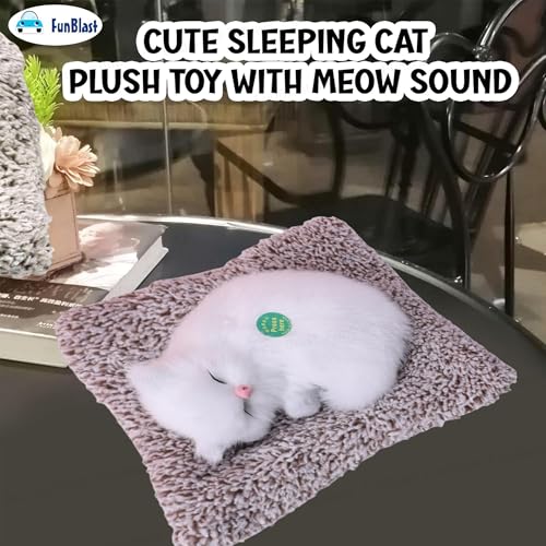 Image of FunBlast Cute Sleeping Cat Plush Toy with Meow Sound, Gift for Kids, Toy Accessories for Car Dashboard (TD-748-Full-White)