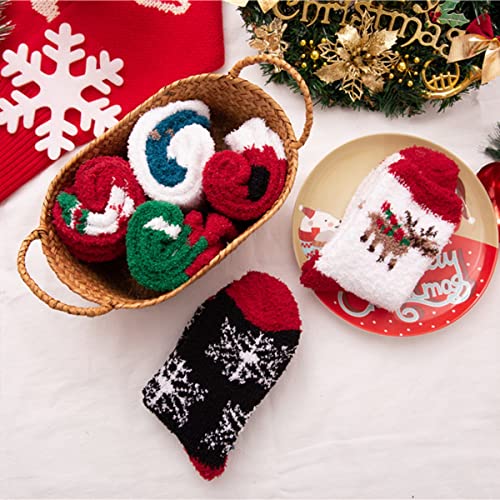 Image of Women Christmas Holiday Socks Warm Winter Cozy Fuzzy Socks Family Elk Snowflake Santa Patterns Crew Socks Gift