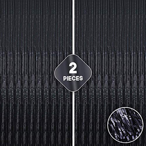 Xtralarge Black Fringe Backdrop for Birthday Party - 6.4x10 Feet, Pack of 2 Black Foil Fringe Curtain| Metallic Black Tinsel Backdrop | Black Foil Fringe Curtains Party Decorations for Bachelorette