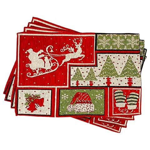 'TWAS The Night Before Christmas Placemats (13" x 19") 19 inch Sleigh Bells Red Chenille Holiday Dining Linens (Set of 4) Cover