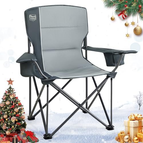 TIMBER RIDGE Camping Chairs for Adults Heavy Duty 200kg Oversized, Padded Folding Chair with Cup Holder and Cooler Bag Comfy for Outdoor Picnic Fishing Garden (Light Grey- 1PC)