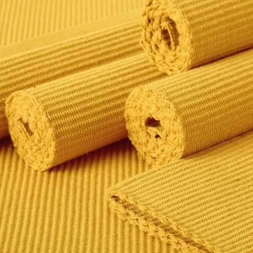 Image of Encasa XO Dining Table Mats Set of 6, Ribbed Cotton Table Mat 48x32 cm | Handmade Heat Resistance Table Placemats, Non Slip, Washable & Durable Place Mat for Centre Table, Living Room Yellow