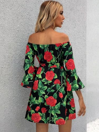 Image of Off Shoulder Ruffle Dress for Women, A-Line Mini Dress with Belt, Fitted Bust Summer Wedding Guest Dress