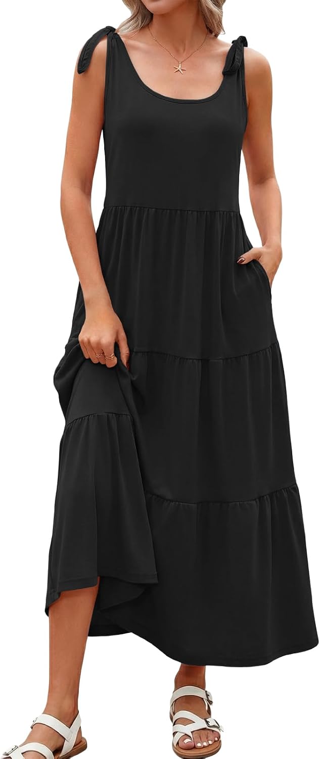 Wenrine Womens Sundress Summer Maxi Dress Casual Tie Strap Sleeveless V Neck Tiered Loose Flowy Beach Sun Dress with Pockets