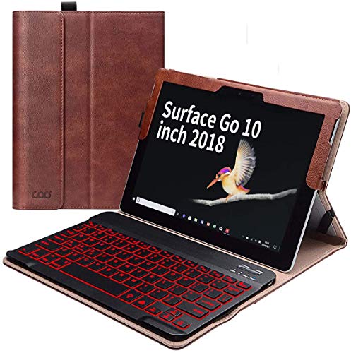 Surface Go Case and Keyboard Combo 10 Inch 2018, PU Leather Case Cover(Compatible with Kickstand) /Detachable 7-Color Backlit Wireless Keyboard, for Microsoft Surface Go 10” 2018, Brown