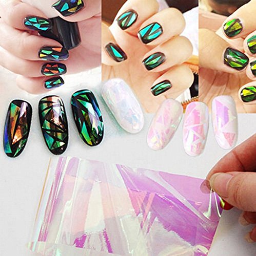 Akoak 6 Colors Fashion Punk Transfer Foil Sticker Reflective Mirror Design Broken Glass Sticker Colorful Laser Aurora Cellophane Diy Nail Art Stencil Decal Stickers #TOP2