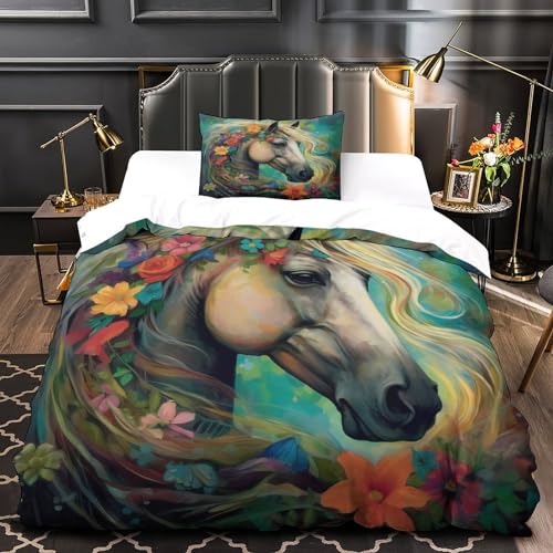 Parure de lit fleurs et chevaux en microfibre supérieure avec zip invisible - 5