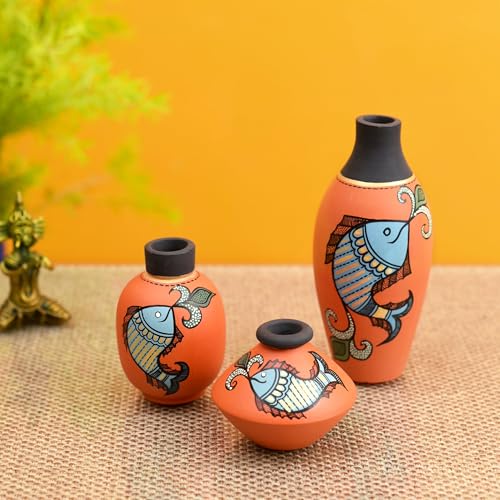 Image of Aakriti Art Creations Happy Fishes Vases Set of 3 in Orange | Hand-Painted Madhubani Art Terracotta Flower Vases | Matte Finish Decorative Vases for Living Room, Table Decor & Gifting