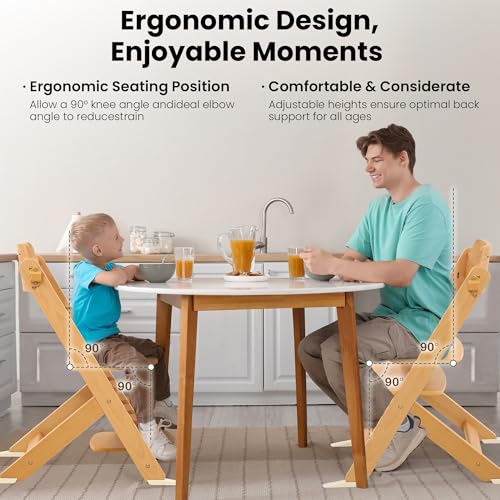 Image of Bateso High Chair for Babies and Toddlers, Wooden Highchair with Adjustable Seat & Convertible Footrest Heights, Baby Feeding Chair with Safety Harness & Removable Double Layer Tray