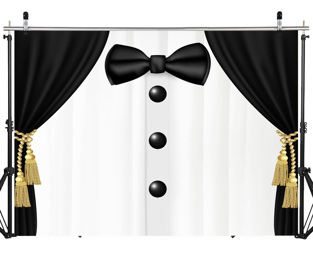 DHXXSC 8X6FT Black and White Bow Tie Suit Backdrop Gentleman Tuxedo Father's Day Background Luxury Birthday Dinner Party Decor Banner Luxury Birthday