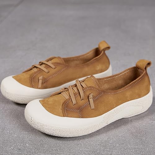Women's Genuine Leather Elastic Laces Fashion Sneaker Retro Anti-Collision Round Toe Low Top Soft Sole Walking Shoes Comfortable Lightweight Casual Running Sport Shoes4