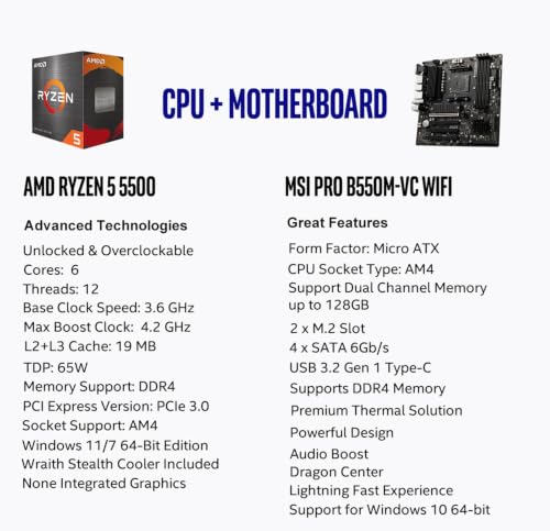 Image of Micro Center AMD 5500 Processor with MSI PRO B550M-VC WiFi Pro Motherboard | CPU Motherboard Combo, AM4, DDR4, PCIe 4.0, M.2, Type C, Wi-Fi 6E, Bluetooth 5.2, Micro ATX