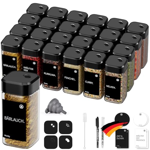 Miorkly 24 Gewürzgläser Eckig mit Drehdeckel,Gewürzstreuer Glas 120 ml - Gewürzdosen Set Starke Versiegelung - Gewürz Organizer - Gewürzbehälter mit Etikett-Gewürzglas Spice Jars(Schwarz)