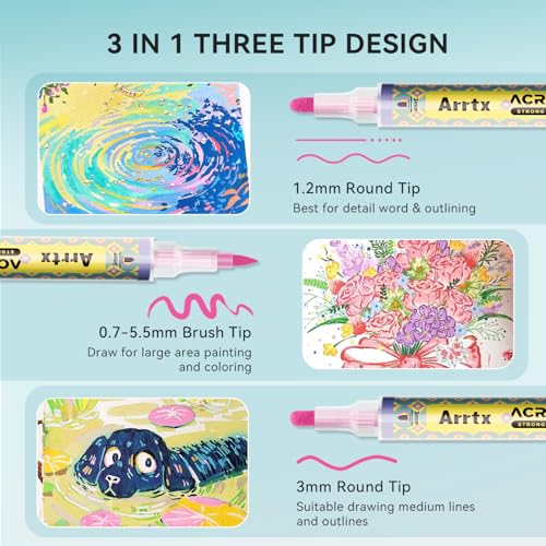 Arrtx 72 Colors Acrylic Paint Pens, 3mm Medium Tip Paint Markers Paint Pens, Non Toxic, Waterbased, Quick Drying for Artists Detailing, Rock Painting, Wood, Canvas, DIY Crafts Making Art Supplies image 11