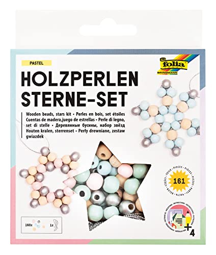 folia 22522 22522 träpärlor set pastel, pysselset med 160 träkulor och ett gyllene snöre för gängning, för tillverkning av stjärnor och hängen, flerfärgad