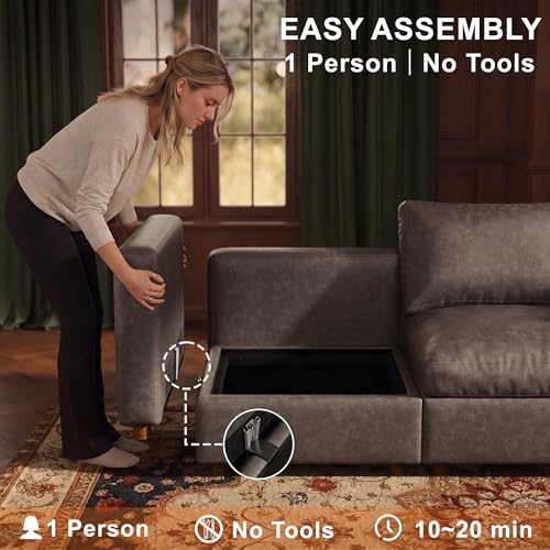 Image of Faux Leather Modular Sectional Sofa with Storage, Oversized Mid Century Modern Leather Sectional Couche for Living Room, Only Ottoman, Gray