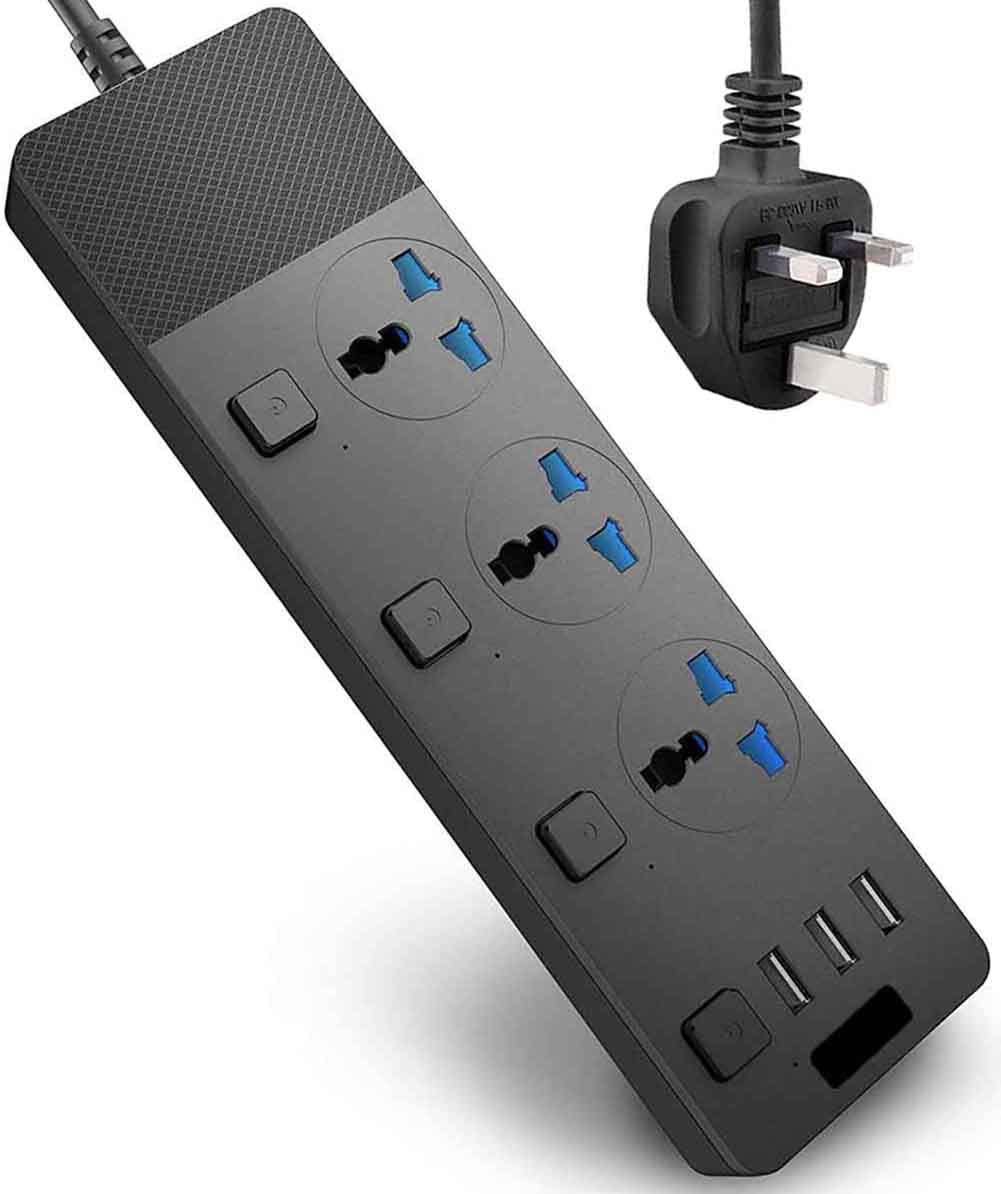 BEONE Extension Lead Cord, 2 Meter Power Strip Plug Adapter with 6 Way Power Extension Cord 4 USB Ports Cable Surge Protector (T11,Black,5m)