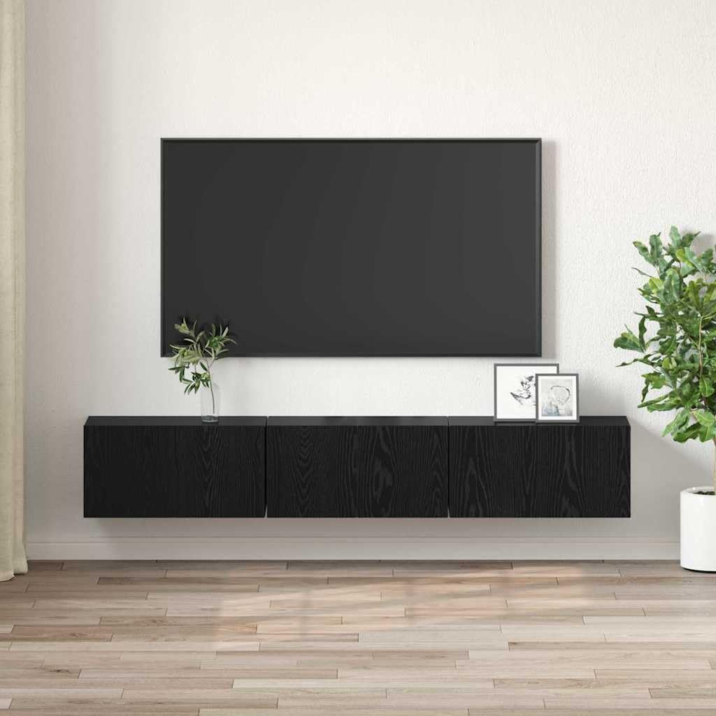 Set di 3 mobili per TV in legno nero, 60 x 30 x 30 cm, montaggio a parete con spazio e gestione dei cavi, per soggiorno, camera da letto, gaming e home theatre