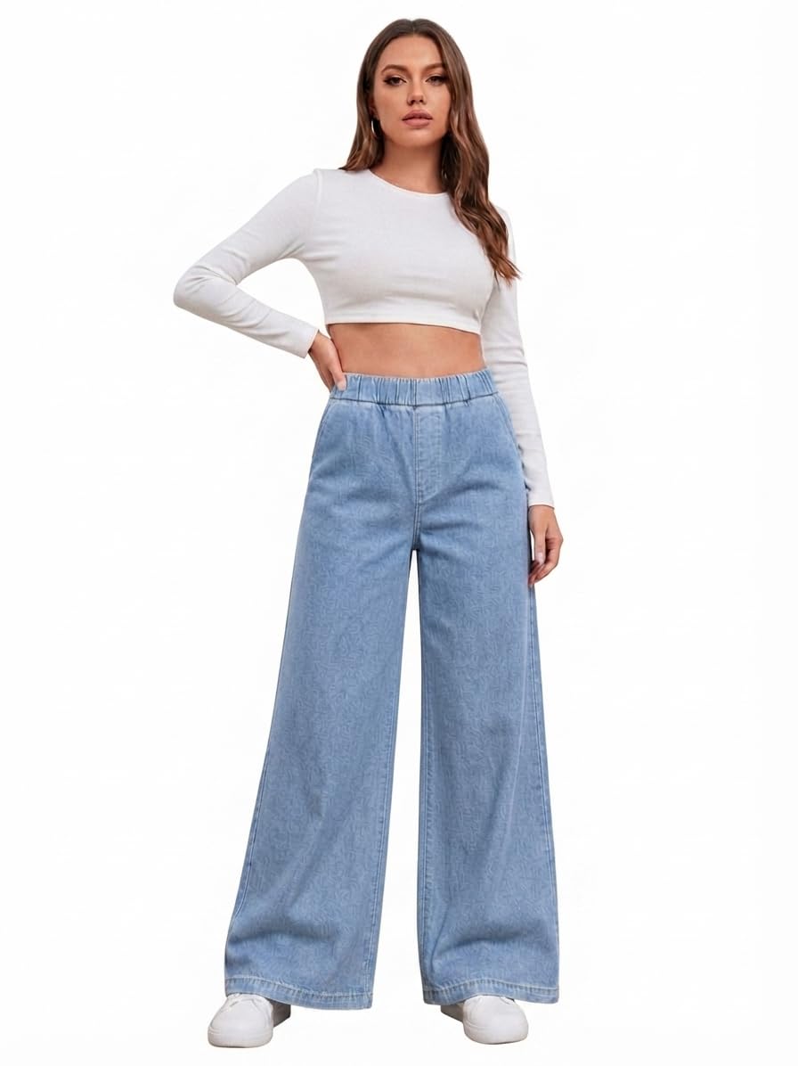 Women's High Waist Wide Leg Denim Palazzo Jeans | Stretchable Elastic Waist Loose Fit Full Length Casual Jeans Pants, Office, Travel & College-picture-34