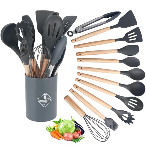 Kitchen Utensil Set 12 PCS Silicone Cooking Utensils Set with Wooden Handle Non-Stick Cooking Spoons Utensil Sets Silicone Kitchen Utensils Set Heat Resistant Kitchen Tools (Dark Gray)