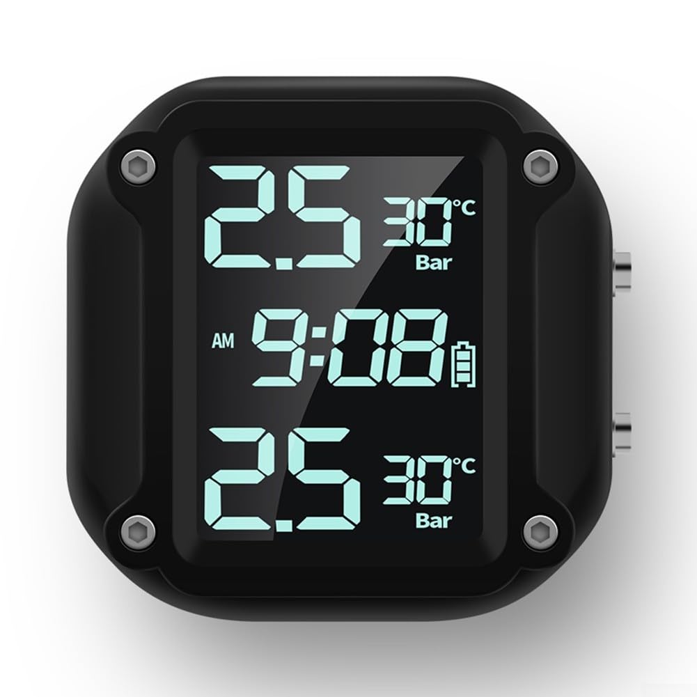 Monito - Monitoraggio della pressione degli pneumatici impermeabile con display LCD e 2 sensori esterni per moto, senza fili, angolo regolabile