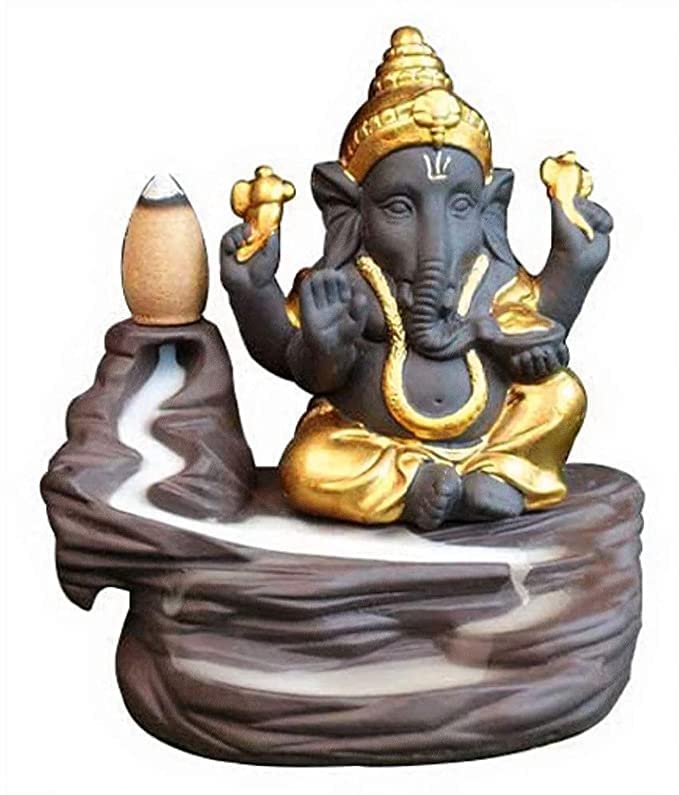 suvasane Polyresin Smoke Fountain Backflow Ganesha With Waterfall Cone Incense Holder Decorative Showpiece With 10 Incense Dhoop, Multicolor