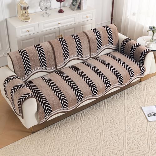 Image of HOKIPO Complete (Seat+Back+Arm) Sofa Mat Set for 3 Seater Sofa |Premium Chenille Sofa Covers with Curve Edges, 'Serene Curves Series' - Nomad Chevron (IN-997+1002+1001 * 2 - D5)