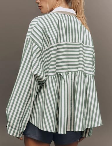Women's Half Zip Striped Shirt Casual Ruffled Long Sleeve Oversized Loose Blouse Tops3