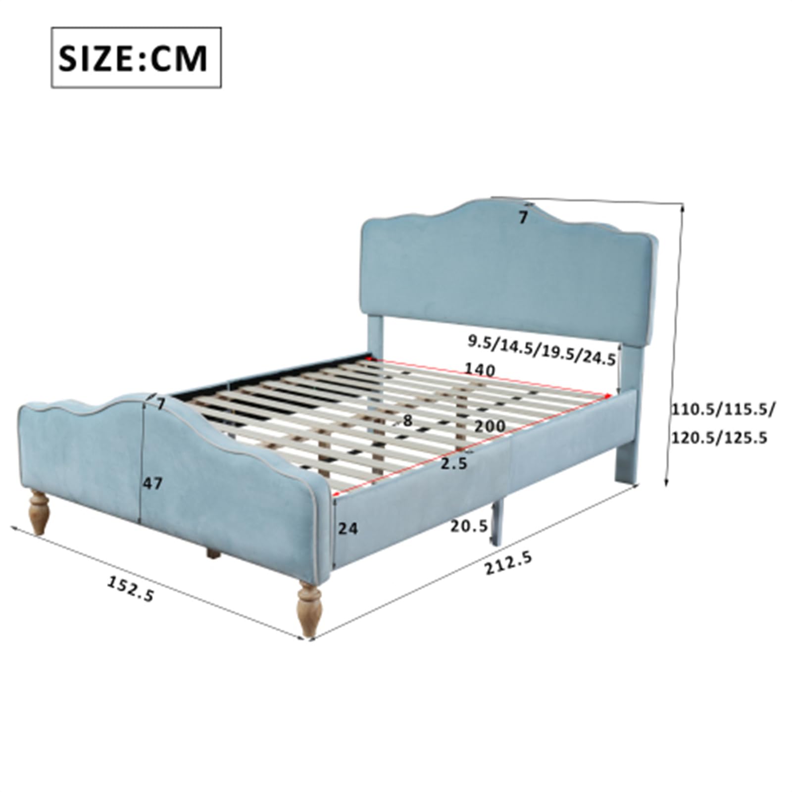Letto imbottito con testiera e pediera ondulati, design europeo, 140 x 200 cm, rete a doghe in legno, per adulti e ragazzi