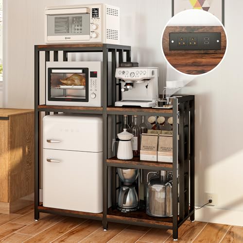 METYERRY 6-Tier Adjustable Mini Fridge Cabinet with Power Outlet,Kitchen Bakers Rack with Storage,Mini Fridge and Microwave Stand,Coffee Bar, Free Standing Shelf for Kitchen, Home Office,Rustic Brown