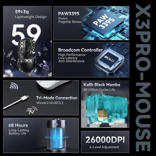 Image of ATTACK SHARK X3 Pro 4K /8K Hz Mouse, 49g SUPERLIGHT, PixArt PAW3395 Gaming Sensor, BT /2.4G Wireless /Wired Gaming Mouse, 6 Adjustable DPI Up to 26000, 200 Hours Battery (Black)