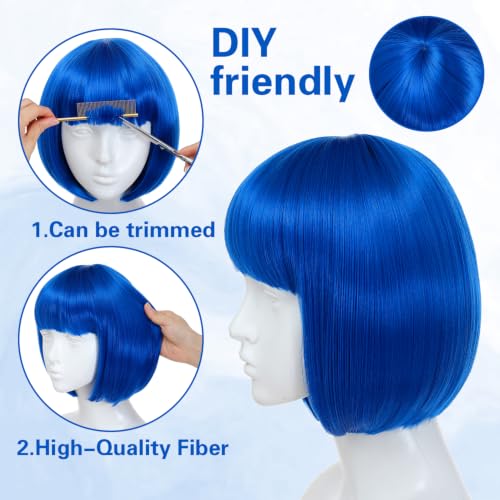 kuttolee Blue Bob Wig Short Bob Wigs Straight Hair with Flat Bangs for Women Girl Men, Colorful Funny Cosplay Daily Party Neon Wig Synthetic Natural As Real Hair Carnival Halloween Costume — view 3