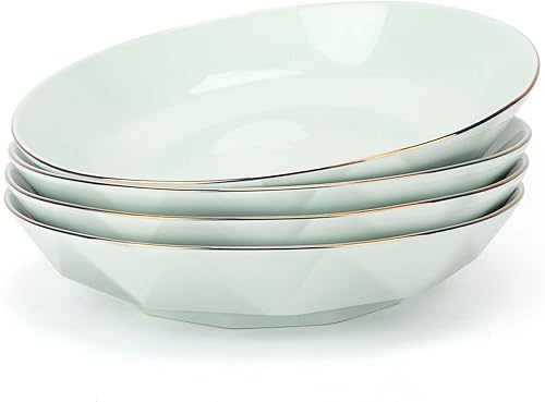 Miniatura 1 de Juego de 4 platos de ensalada de diamante de cerámica dorada de 18 quilates, 24 onzas, 8 pulgadas, platos hondos, platos para sopa, juego de vajilla