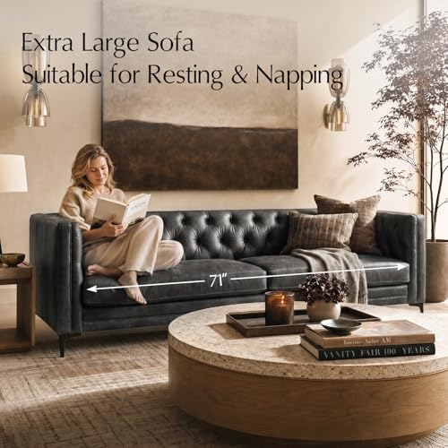 Image of HULALA HOME 84 inch W Faux Leather Sofa Couch with Metal Legs, Button-Tufted 3-Seater Sofa, Mid Century Modern Contemporary Upholstered Couch for Living Room, Apartment, Charcoal