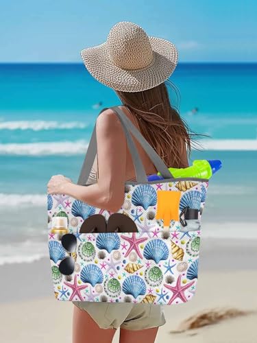 Beach Bags Women Mesh Tote Bag Watercolor Starfish Shell Conch Toy Grocery Pool Bag with Pockets for Travel/Picnic/Shower3