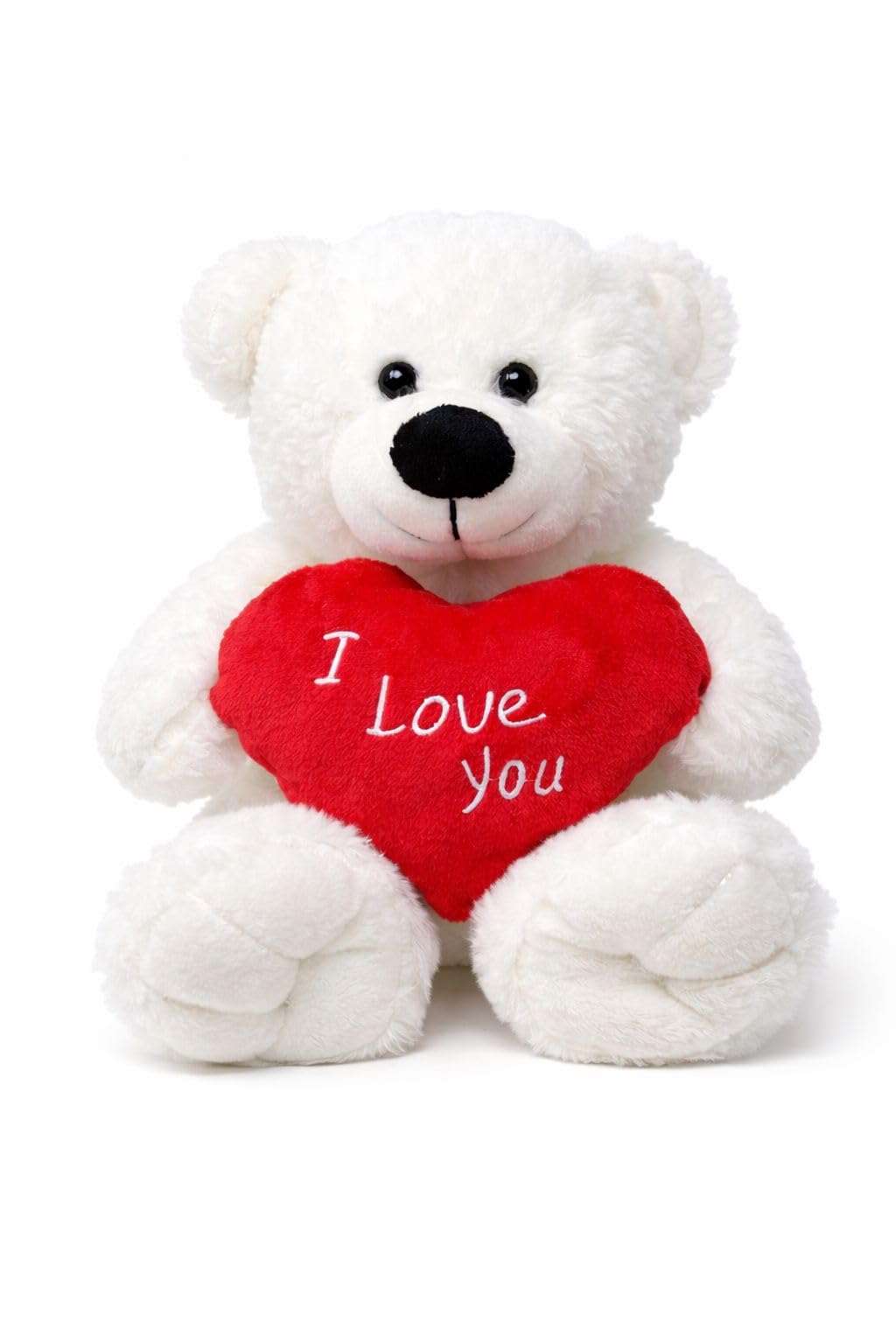 OnlineStreet - White Teddy Bear holding Red Heart with I Love You Written on it, Valentines Gift for Him/Her - Teddy Bear Plush Teddy Cuddly Toy - Soft Toy (White, 15''), WHT00