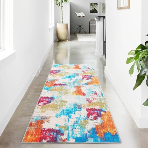 Carvapet 2x6 Red Abstract Runner Rug – Modern Washable 2 x 6 Low Pile Hallway Carpet with Rubber Backing, Foldable Non Slip Thin Rugs for Entryway, Bedroom, Living Room